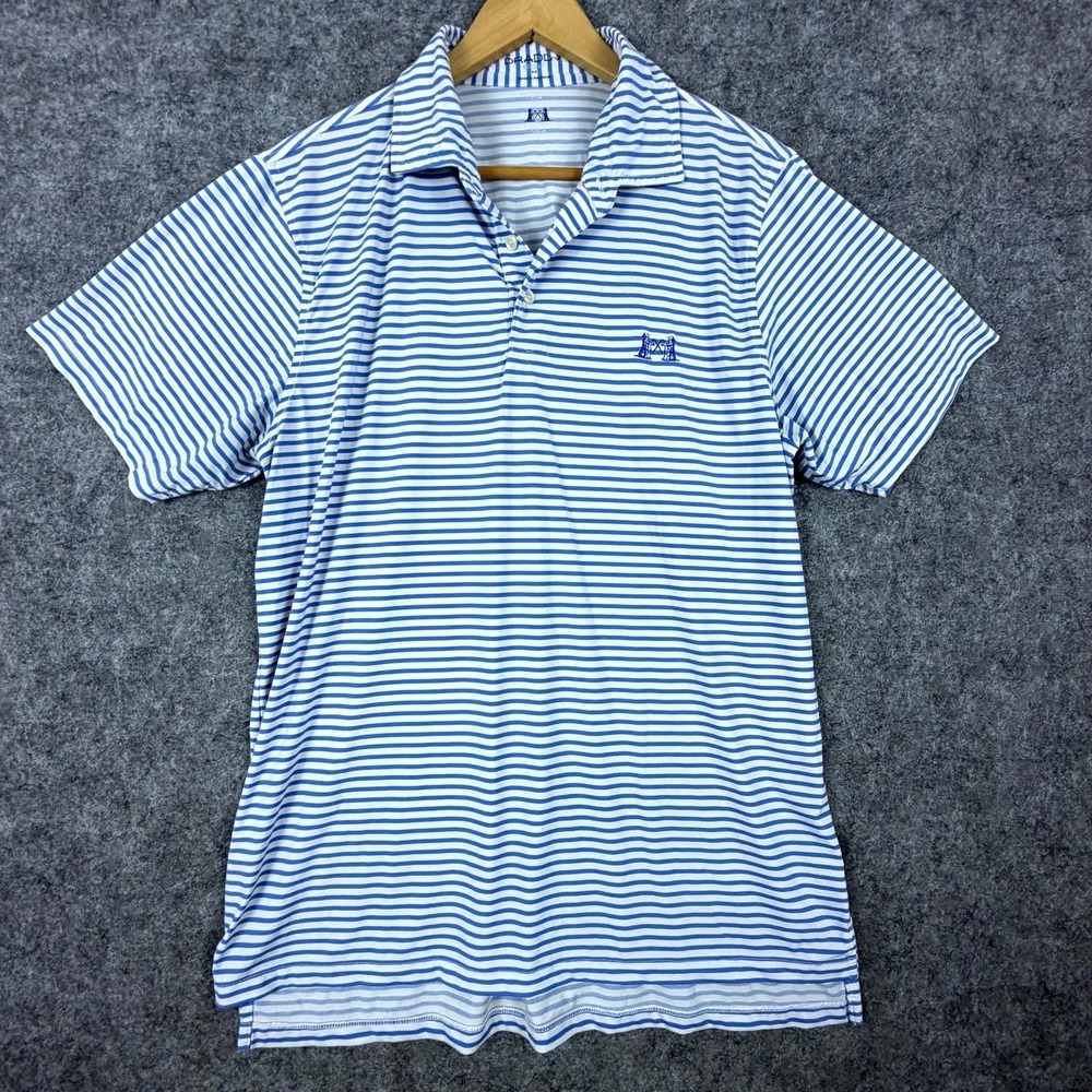 B. Draddy Sport Polo Shirt Mens M White Blue Striped Golf Performance NGLA Logo